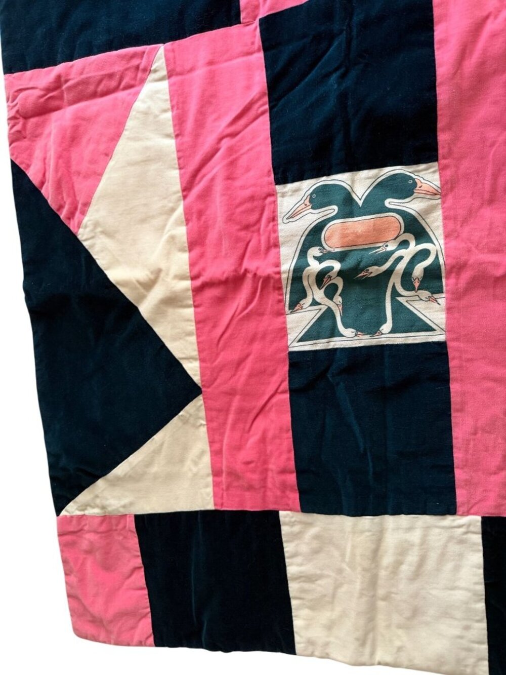 Handmade Vintage Velvet Pink Navy White Duck Quilt Satin Back Blanket 32x38" - Picture 6 of 7